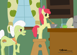 Size: 1000x724 | Tagged: safe, artist:rekiara, apple bloom, granny smith, earth pony, pony, cooking, female, filly