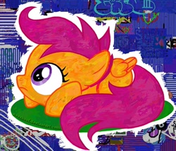 Size: 900x775 | Tagged: safe, artist:neeshoof, scootaloo, pegasus, female, filly, orange coat, purple mane, solo