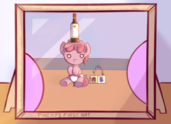 Size: 860x625 | Tagged: safe, artist:haute-claire, berry punch, berryshine, ruby pinch, blocks, bottle, cute, filly, picture, picture frame, wat