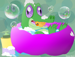 Size: 1362x1034 | Tagged: safe, artist:giuliabeck, derpibooru import, gummy, alligator, bath, male, pet