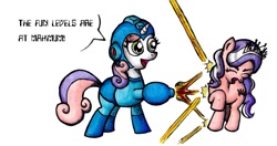 Size: 1283x679 | Tagged: safe, diamond tiara, sweetie belle, sweetie bot, crossover, megaman, megamare