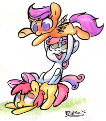 Size: 832x950 | Tagged: dead source, safe, artist:php27, derpibooru import, apple bloom, scootaloo, sweetie belle, cutie mark crusaders, scootalove, tower of pony, traditional art