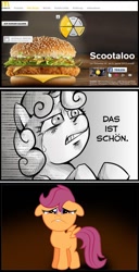 Size: 589x1152 | Tagged: safe, derpibooru import, scootaloo, sweetie belle, pegasus, pony, unicorn, comic, crying, exploitable meme, female, filly, german, meme, scootaburger, scootachicken, scootaloo burger, that is beautiful