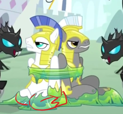 Size: 429x400 | Tagged: safe, edit, edited screencap, screencap, changeling, pony, a canterlot wedding, analysis, changeling slime, cropped, incorrect leg anatomy, male, royal guard, stallion