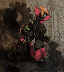 Size: 800x900 | Tagged: safe, artist:nastylady, derpibooru import, big macintosh, earth pony, pony, abstract background, clothes, goggles, gun, male, minigun, solo, stallion, steampunk, weapon