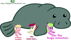 Size: 900x510 | Tagged: safe, artist:rasplezs, daisy, flower wishes, lily, lily valley, roseluck, earth pony, pony, flower trio, manatee, pun, simple background, the horror, transparent background