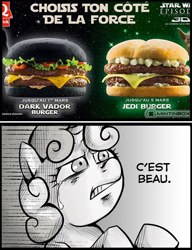 Size: 589x768 | Tagged: safe, derpibooru import, sweetie belle, dark vador burger, exploitable meme, french, meme, star wars, that is beautiful