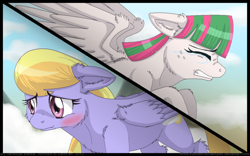 Size: 900x563 | Tagged: safe, artist:inuhoshi-to-darkpen, blossomforth, cloud kicker, pegasus, pony, fanfic:the life and times of a winning pony, blushing, crying, fanfic, fanfic art, sad, split screen, winningverse