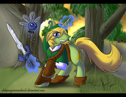 Size: 900x693 | Tagged: safe, artist:rookatt, derpibooru import, parasprite, pony, unicorn, 2011, clothes, crossover, hat, levitation, link, magic, male, master sword, navi, nintendo, paraspritized, ponified, solo, species swap, stallion, sword, telekinesis, the legend of zelda, video game, weapon