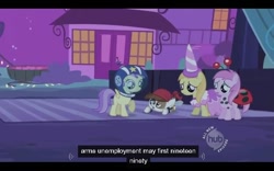 Size: 640x400 | Tagged: safe, derpibooru import, screencap, alula, noi, pipsqueak, piña colada, earth pony, pony, luna eclipsed, applecore, colt, hub logo, male, youtube caption