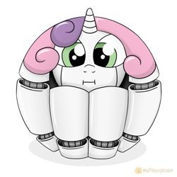 Size: 1200x1200 | Tagged: safe, artist:muffinexplosion, sweetie belle, sweetie bot, pony, robot, robot pony, unicorn, female, filly, foal, hooves, horn, looking at you, morph ball, simple background, solo, sphere, sweetie ball, white background