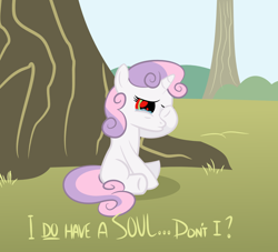 Size: 1248x1131 | Tagged: safe, artist:shadowdark3, derpibooru import, sweetie belle, sweetie bot, pony, robot, robot pony, unicorn, blank flank, crying, female, filly, foal, hooves, horn, philosophy, red eyes, sad, sitting, solo, soul, text, tree