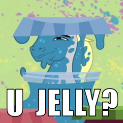 Size: 400x400 | Tagged: safe, derpibooru import, edit, edited screencap, screencap, hugh jelly, hearts and hooves day (episode), abstract background, cropped, faic, food, hearts and hooves day, image macro, jelly, meme, solo, u jelly?