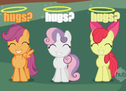 Size: 894x644 | Tagged: safe, derpibooru import, edit, edited screencap, screencap, apple bloom, scootaloo, sweetie belle, earth pony, pony, stare master, bronybait, caption, cutie mark crusaders, hub logo, hug, hug request, image macro