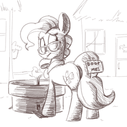 Size: 700x700 | Tagged: safe, artist:goat train, mayor mare, boop, fountain, glasses, kick me, looking back, monochrome, sign, solo, water fountain