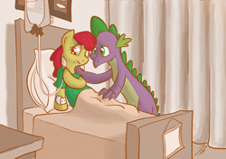 Size: 2480x1748 | Tagged: safe, artist:rannva, derpibooru import, apple bloom, spike, dragon, earth pony, pony, dragon on pony action, female, hospital, interspecies, male, mommabloom, older, pregnant, shipping, spikebloom, straight, teenage spike