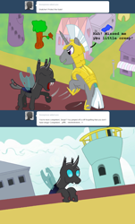 Size: 1000x1661 | Tagged: safe, artist:hakar-kerarmor, derpibooru import, oc, oc:bastion, changeling, ask four inept guardponies, dwarf fortress, royal guard