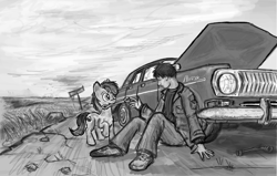 Size: 1024x650 | Tagged: safe, artist:agm, derpibooru import, oc, oc only, oc:volga pony, earth pony, human, pony, car, duo, grayscale, monochrome, russian, volga, wrench