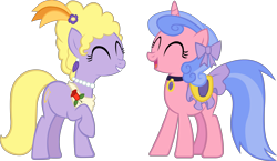 Size: 4800x2777 | Tagged: safe, artist:chir-miru, derpibooru import, lyrica lilac, royal ribbon, pony, unicorn, bow, choker, duo, eyes closed, female, hair bow, jewelry, laughing, mare, necklace, pearl necklace, raised hoof, saddle, simple background, tack, transparent background, vector