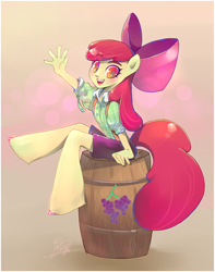 Size: 720x912 | Tagged: safe, artist:liea, apple bloom, anthro, barrel, bow, grapes, solo