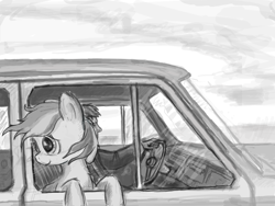 Size: 1600x1200 | Tagged: safe, artist:agm, derpibooru import, oc, oc only, oc:volga pony, earth pony, human, pony, car, duo, grayscale, monochrome, volga