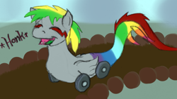 Size: 1612x908 | Tagged: safe, artist:wesleyfoxx, oc, oc only, oc:wheely bopper, hybrid, monster pony, original species, tatzlpony, eyes closed, honk, open mouth, smiling, solo, wat, what has science done, wheelpone