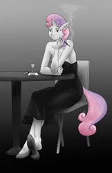 Size: 828x1280 | Tagged: safe, artist:lines-with-color, derpibooru import, sweetie belle, anthro, cigarette, cigarette holder, clothes, dress, older, smoking