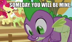 Size: 459x272 | Tagged: safe, derpibooru import, edit, edited screencap, screencap, apple bloom, granny smith, spike, dragon, fall weather friends, caption, image macro