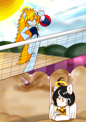 Size: 2149x3035 | Tagged: safe, artist:snow angel, oc, oc only, oc:morikawa saki, oc:snow angel, anthro, earth pony, pegasus, ambiguous facial structure, beach volleyball, bell, bell collar, blue swimsuit, bow, bow swimsuit, clothes, collar, digital art, female, food, golden eyes, halo, heterochromia, ice cream, orange swimsuit, pixiv, red eyes, swimsuit