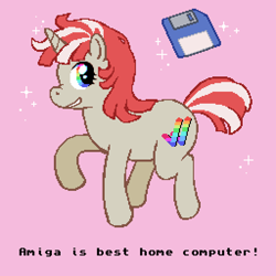 Size: 512x512 | Tagged: safe, artist:corpsecrow, derpibooru import, pony, amiga, computer, floppy disk, pink background, ponified, simple background, solo