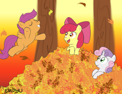 Size: 1000x773 | Tagged: safe, artist:empyu, apple bloom, scootaloo, sweetie belle, autumn, cute, cutie mark crusaders, leaf pile, leaves