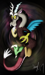 Size: 744x1233 | Tagged: safe, artist:honeyl17, derpibooru import, discord, draconequus, gradient background, male, solo