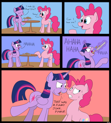 Size: 3500x3856 | Tagged: safe, artist:rapidstrike, derpibooru import, pinkie pie, twilight sparkle, twilight sparkle (alicorn), alicorn, earth pony, pony, bagel bites, comic, eating, female, levitation, mare, nervous, pizza, sweat, trademark, twibitch sparkle