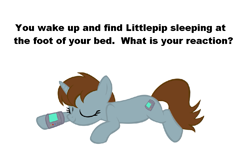 Size: 905x579 | Tagged: safe, derpibooru import, oc, oc only, oc:littlepip, pony, unicorn, fallout equestria, bronybait, cute, cutie mark, eyes closed, fanfic, fanfic art, female, hooves, horn, lying down, mare, meme, pipbuck, simple background, sleeping, smiling, solo, text, what do, white background