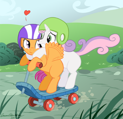 Size: 620x602 | Tagged: safe, artist:brianblackberry, derpibooru import, scootaloo, sweetie belle, female, heart, lesbian, scared, scootabelle, scooter, shipping