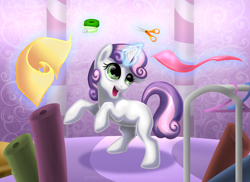 Size: 3652x2658 | Tagged: safe, artist:gonedreamer, derpibooru import, sweetie belle, fabric, high res, magic, scissors, solo