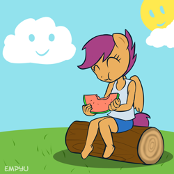 Size: 1000x1000 | Tagged: safe, artist:empyu, scootaloo, anthro, ambiguous facial structure, clothes, cute, cutealoo, eating, eyes closed, food, log, shorts, sitting, solo, tanktop, watermelon