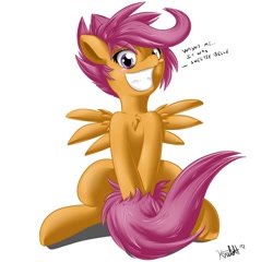 Size: 1000x960 | Tagged: safe, artist:knifeh, derpibooru import, scootaloo, blushing, chest fluff, dialogue, signature, simple background, tail censor, white background