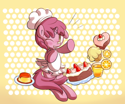 Size: 930x775 | Tagged: safe, artist:haute-claire, derpibooru import, ruby pinch, pony, unicorn, apron, cake, clothes, female, filly, hat, looking at you