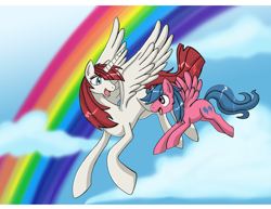 Size: 792x612 | Tagged: safe, artist:himanuts, derpibooru import, firefly, oc, oc:fausticorn, alicorn, pony, g1, cloud, cloudy, flying, lauren faust, rainbow