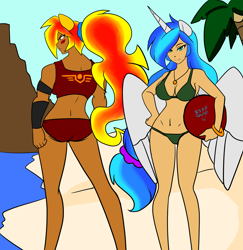 Size: 2664x2736 | Tagged: safe, artist:burningsnowflakeproductions, oc, oc only, oc:lyoko hope, oc:red fire, alicorn, human, alicorn oc, beach, beach ball, belly button, big breasts, bikini, blushing, breasts, cleavage, clothes, eared humanization, female, horned humanization, humanized, humanized oc, jewelry, looking at you, necklace, ponytail, smiling, swimsuit, winged humanization, wings