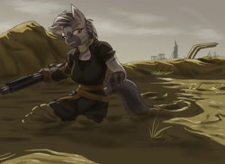 Size: 1280x931 | Tagged: safe, artist:toughset, oc, oc only, oc:xerene, anthro, zebra, fallout equestria, bomb collar, clothes, collar, female, gun, mud, shotgun, sinking, solo