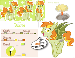 Size: 5600x4350 | Tagged: safe, artist:xebck, oc, oc only, oc:boom, bat pony, pony, absurd resolution, bat pony oc, dialogue, explosion, mushroom cloud, pun, reference sheet, simple background, solo, transparent background