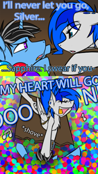 Size: 2000x3555 | Tagged: safe, artist:ralek, oc, oc only, oc:sapphire sights, oc:silver lining, ball pit, celine dion, my heart will go on, pipbuck, reference, singing, song reference, talking, titanic