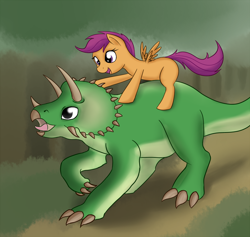 Size: 1000x949 | Tagged: safe, artist:mochasketch, derpibooru import, scootaloo, dinosaur, pegasus, pony, female, filly, foal, ponies riding dinosaurs, riding, triceratops