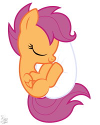 Size: 555x695 | Tagged: safe, artist:facelessjr, derpibooru import, scootaloo, cute, cutealoo, egg, pillow, scootachicken, simple background, sleeping, solo, transparent background