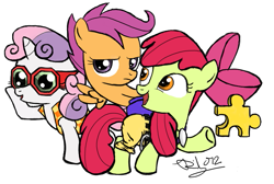 Size: 761x512 | Tagged: safe, artist:arudon, derpibooru import, apple bloom, scootaloo, sweetie belle, banjo kazooie, bottle, cutie mark crusaders, glasses, parody, rare, rareware