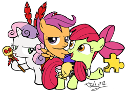 Size: 784x576 | Tagged: safe, artist:arudon, derpibooru import, apple bloom, scootaloo, sweetie belle, banjo kazooie, clothes, cutie mark crusaders, feather in hair, filly, pants, parody, puzzle piece, rare, rareware, skull, staff