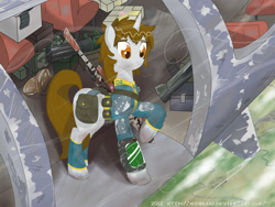 Size: 2000x1500 | Tagged: safe, artist:munkari, derpibooru import, oc, oc only, oc:littlepip, pony, unicorn, fallout equestria, assault rifle, clothes, fanfic, fanfic art, female, gun, hooves, horn, machine gun, mare, medkit, optical sight, pipbuck, rifle, saddle bag, solo, vault suit, weapon, zebra rifle