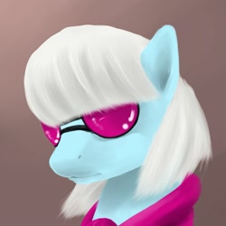 Size: 1500x1500 | Tagged: safe, artist:tres-apples, derpibooru import, photo finish, earth pony, pony, bust, clothes, female, gradient background, mare, solo, sunglasses